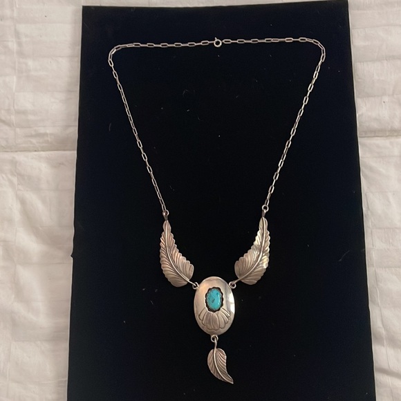 NATIVE AMERICAN SIGNED STERLING TURQUOISE NAVAJO NECKLACE SHADOWBOX old pawn - Picture 2 of 5